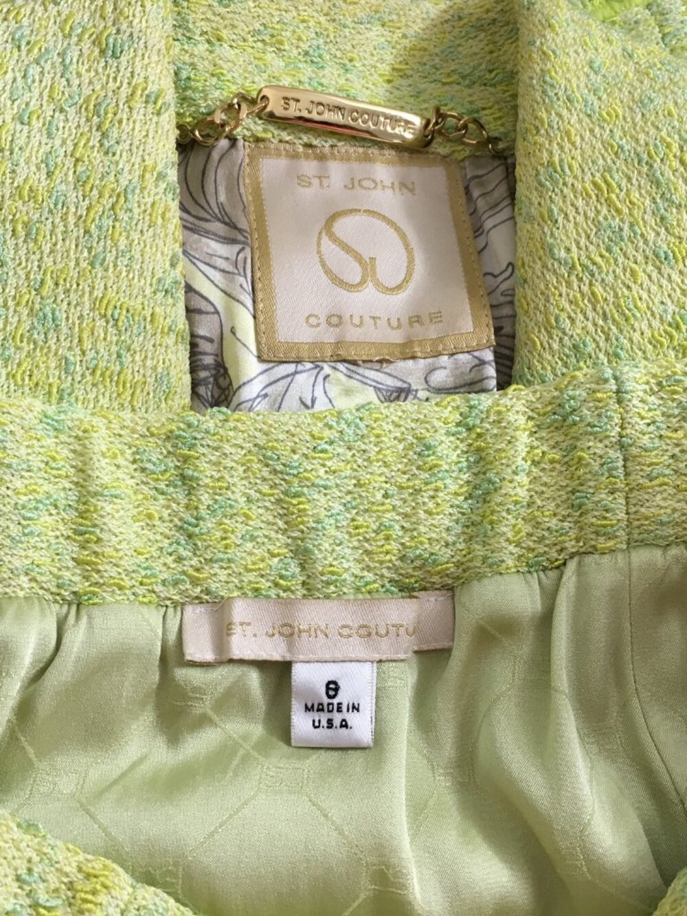 BEAUTIFUL St John couture knit green multi jacket skirt suit size 8 - Picture 10 of 10